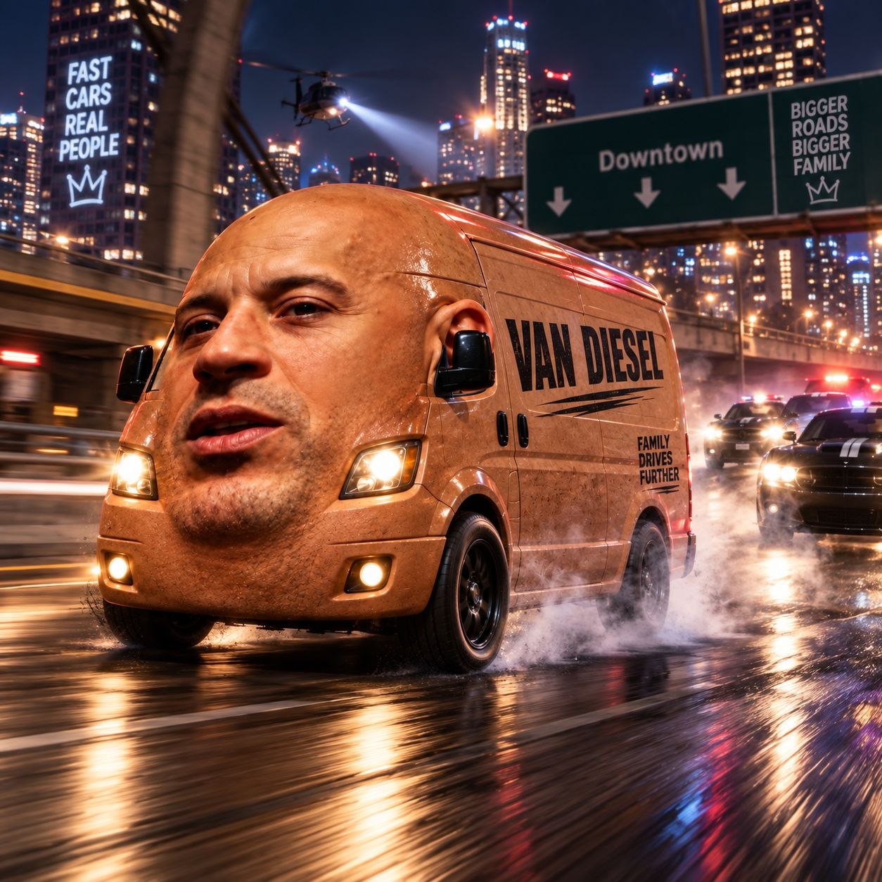 Van Diesel racing through wet neon city streets at night as cars chase behind