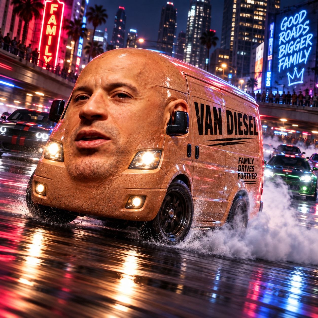 Van Diesel drifting through neon downtown streets chased by sports cars — Family Drives Further